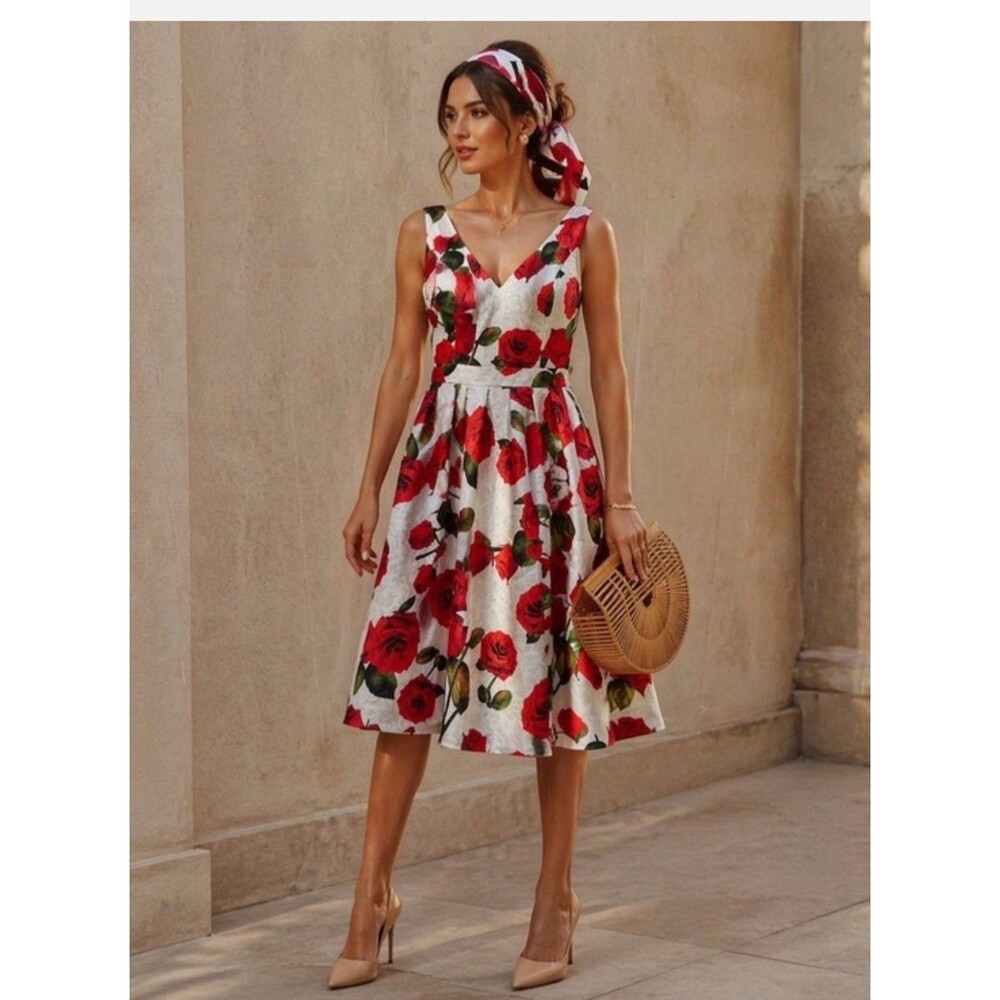 Chi Chi London Elegant  Floral Midi Dress | Sleeveless V-Neck Fit/Flare Size 4